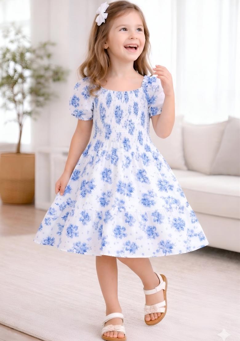 Blue Printed Viscose Dress For Girls - Indya