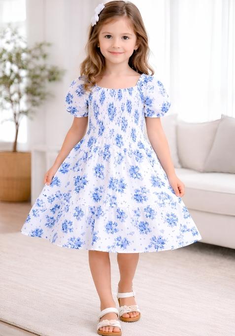 Blue Printed Viscose Dress For Girls