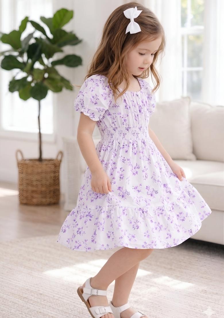 Purple Printed Viscose Dress For Girls - Indya
