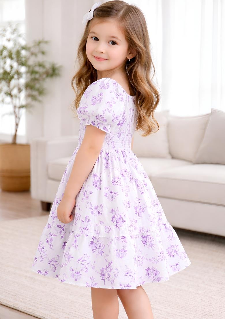 Purple Printed Viscose Dress For Girls - Indya