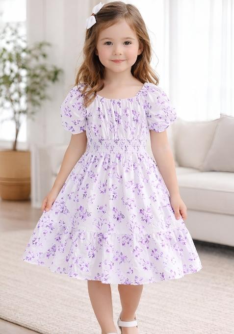 Purple Printed Viscose Dress For Girls