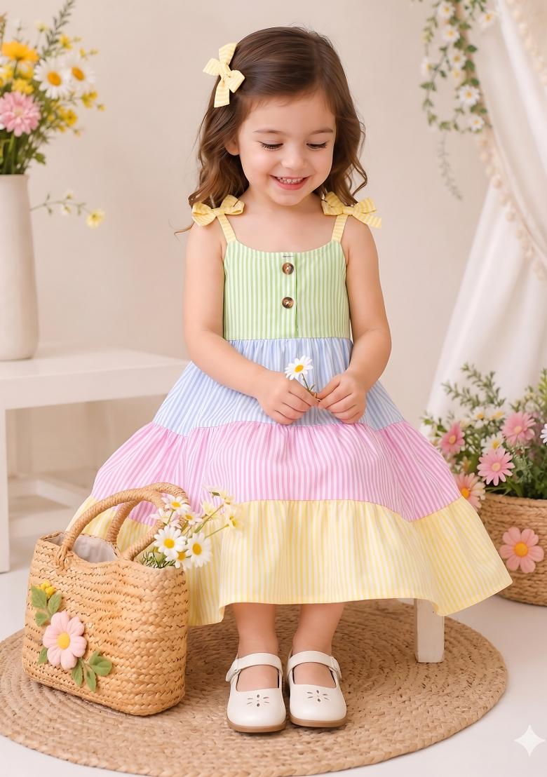 Multicolor Printed Cotton Dress For Girls - Indya