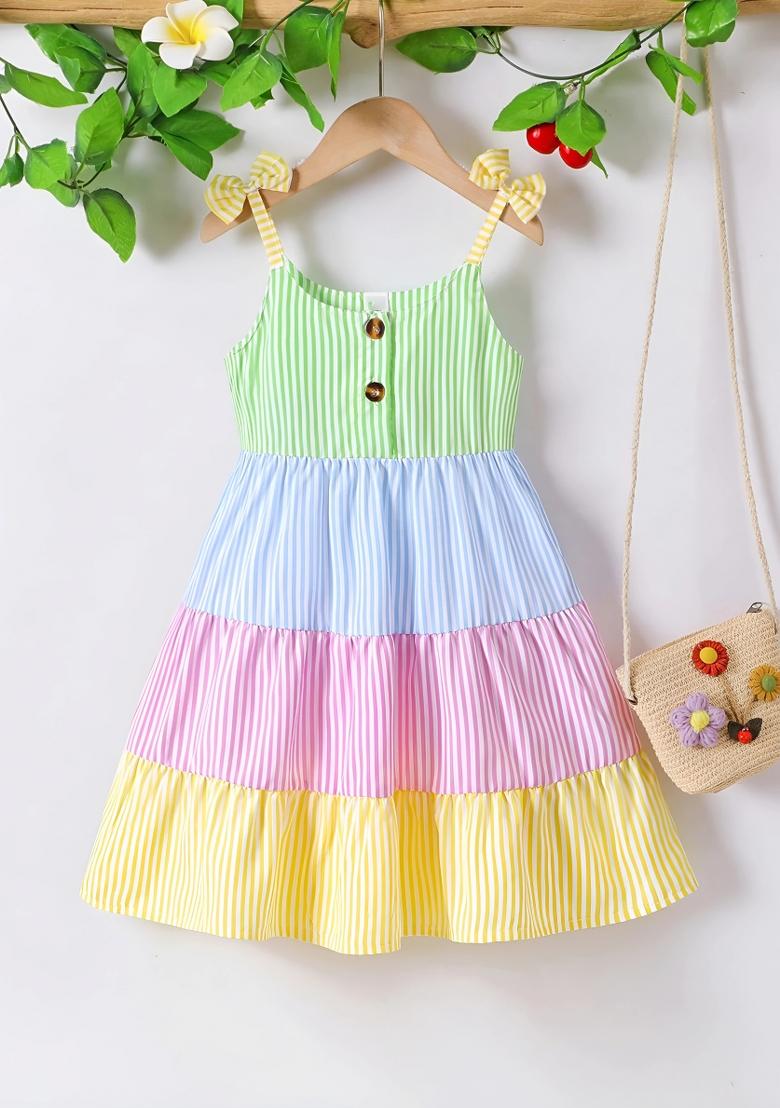 Multicolor Printed Cotton Dress For Girls - Indya