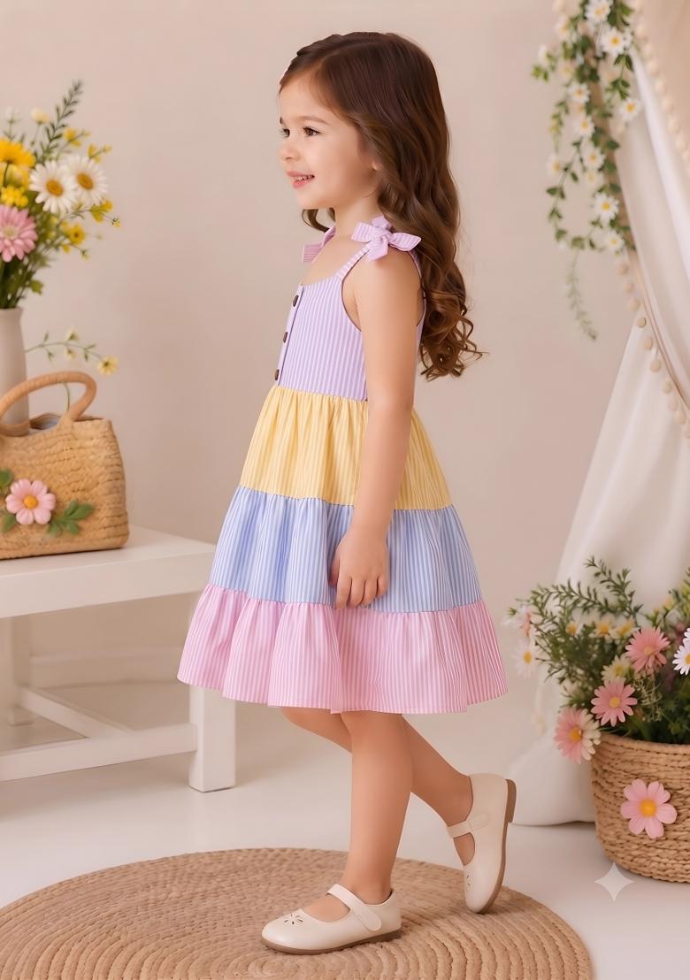 Multicolor Printed Cotton Dress For Girls - Indya