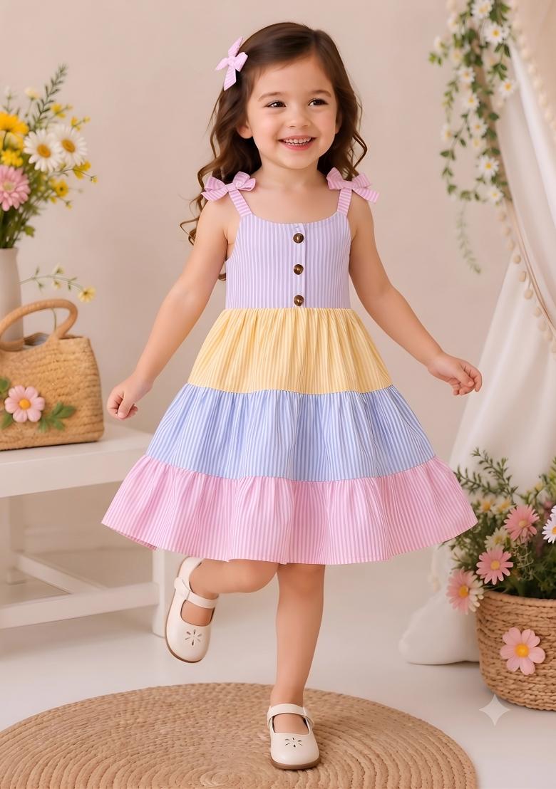 Multicolor Printed Cotton Dress For Girls - Indya
