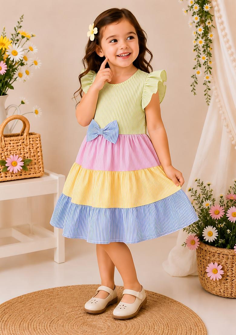 Multicolor Printed Cotton Dress For Girls - Indya