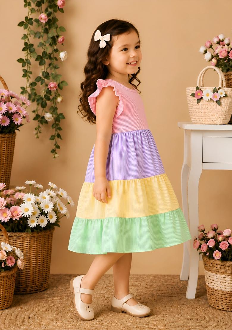 Multicolor Printed Cotton Dress For Girls - Indya