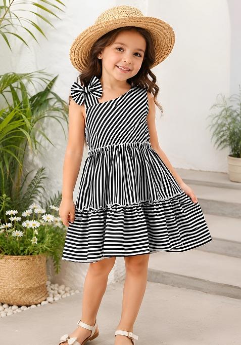 Black Printed Polyester Blend Dress For Girls