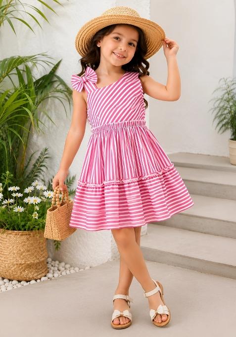 Red Printed Polyester Blend Dress For Girls