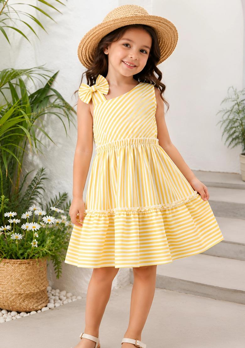 Yellow Printed Polyester Blend Dress For Girls - Indya