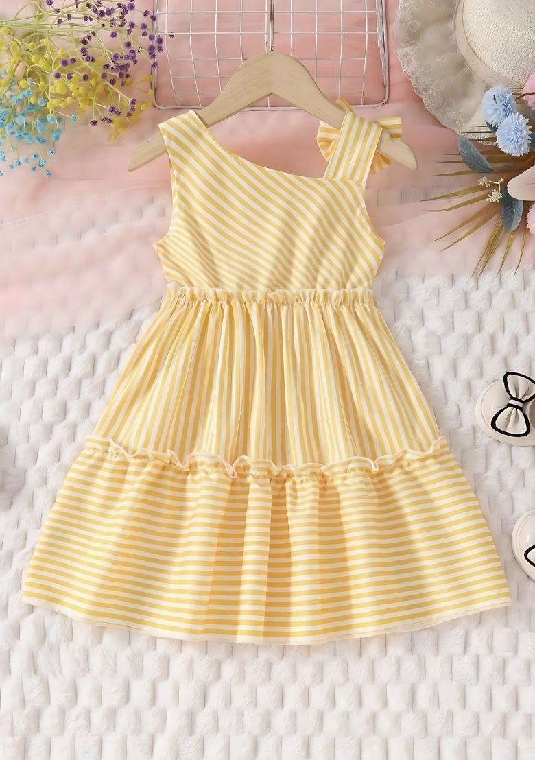 Yellow Printed Polyester Blend Dress For Girls - Indya