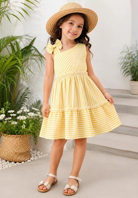 Yellow Printed Polyester Blend Dress For Girls