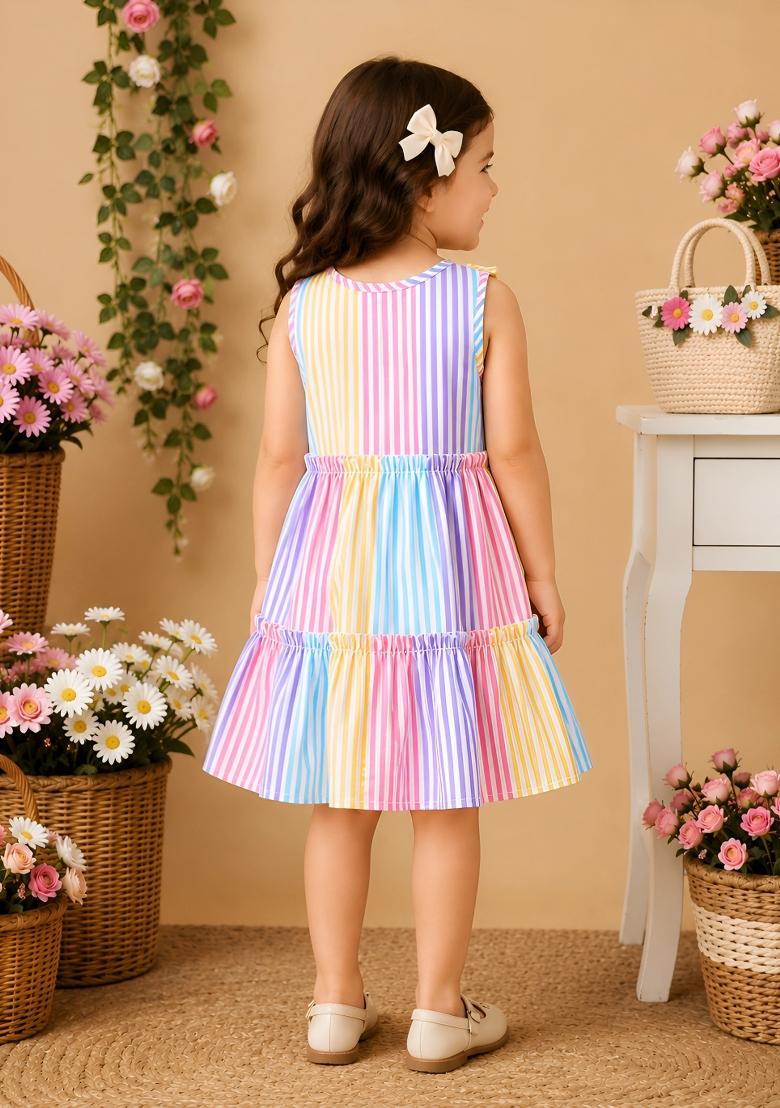 Multicolor Printed Cotton Dress For Girls - Indya