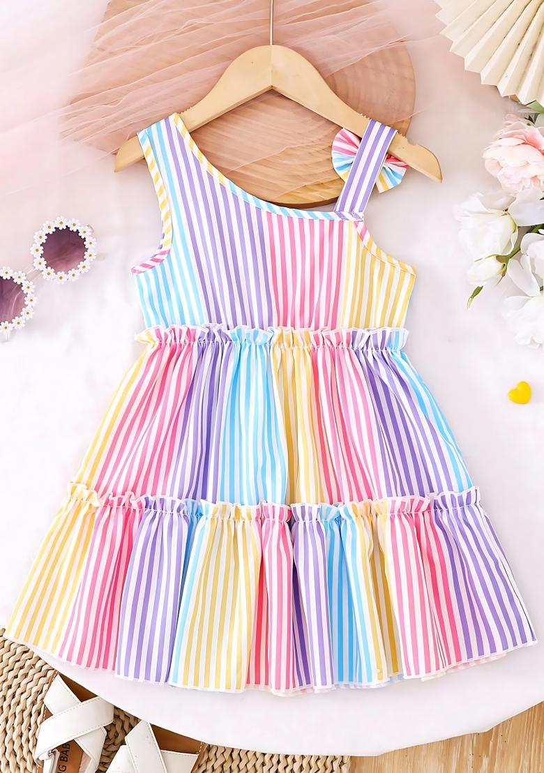 Multicolor Printed Cotton Dress For Girls - Indya