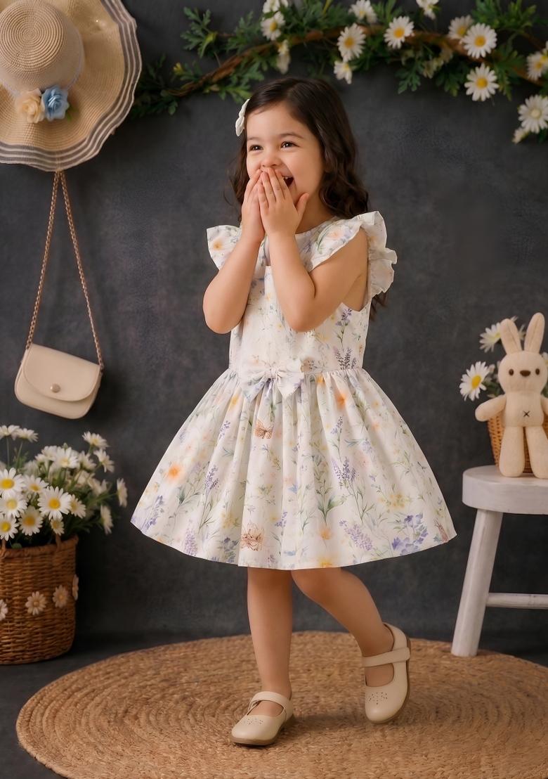 Multicolor Printed Cotton Dress For Girls - Indya