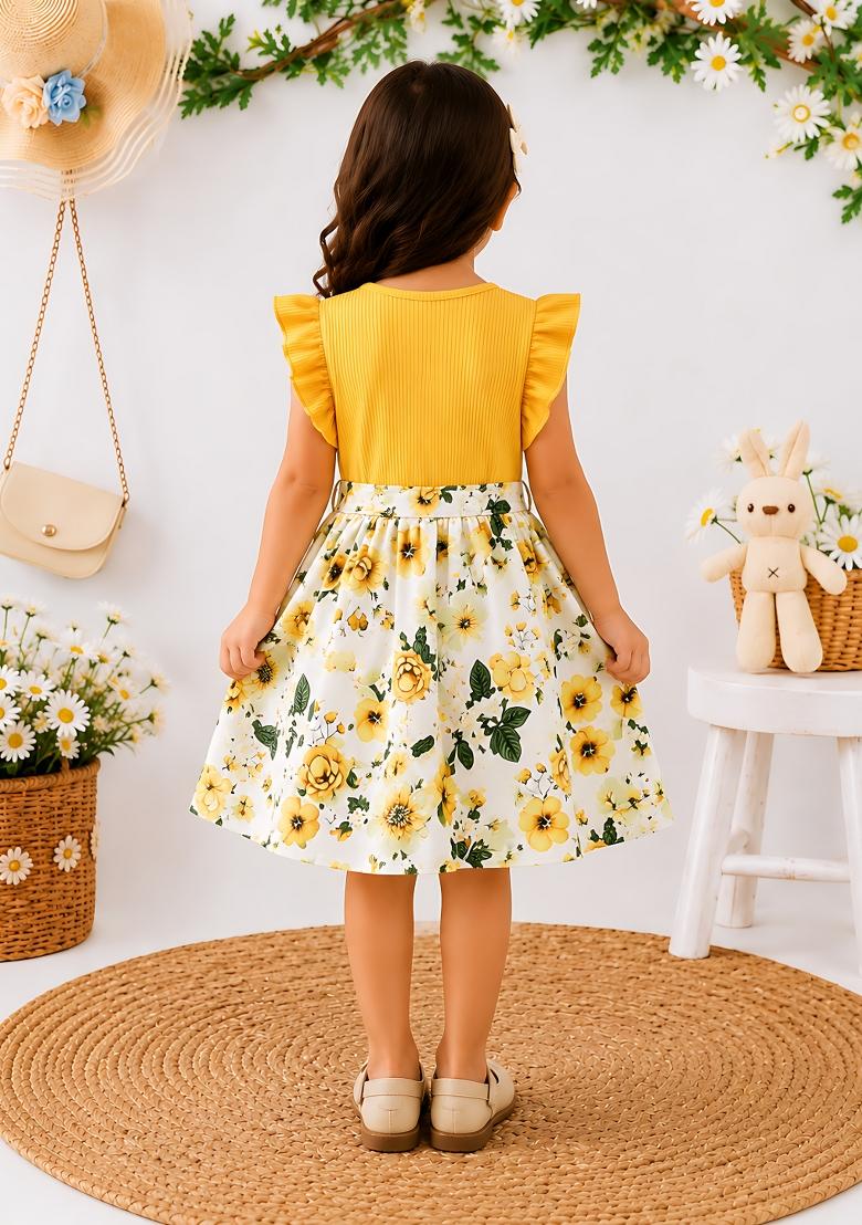 Yellow Printed Cotton Dress For Girls - Indya