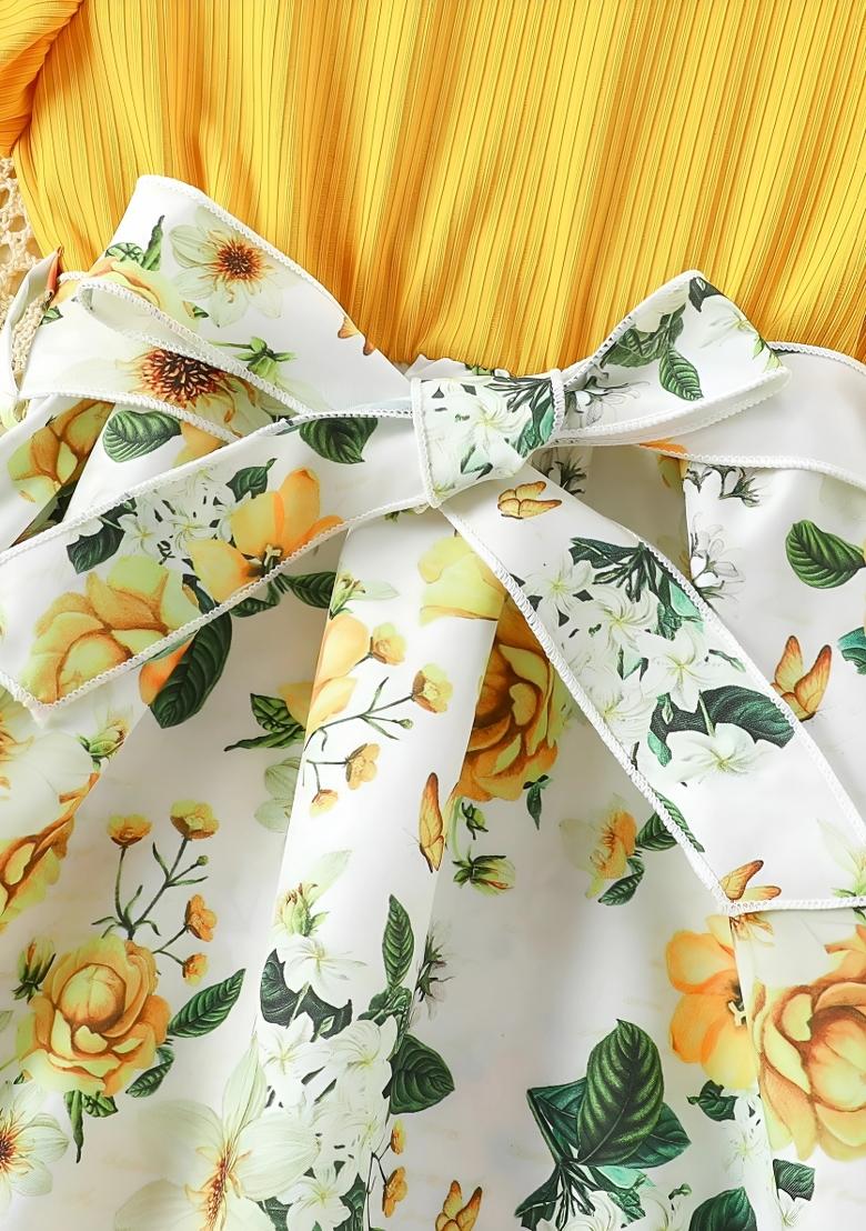 Yellow Printed Cotton Dress For Girls - Indya