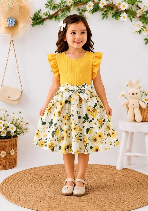 Yellow Printed Cotton Dress For Girls