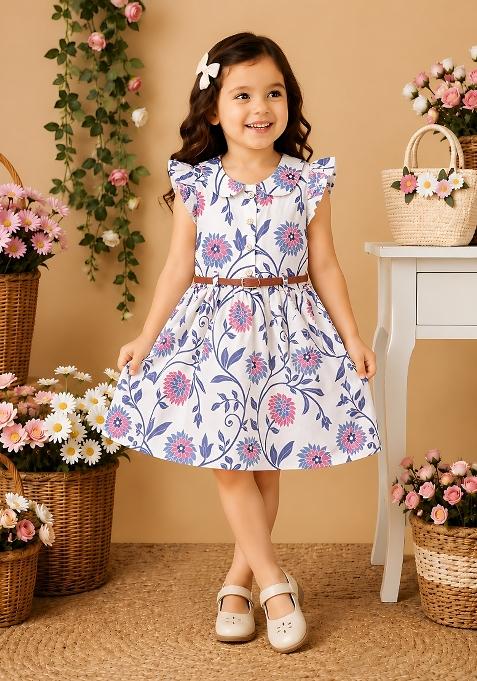 Blue Printed Viscose Dress For Girls