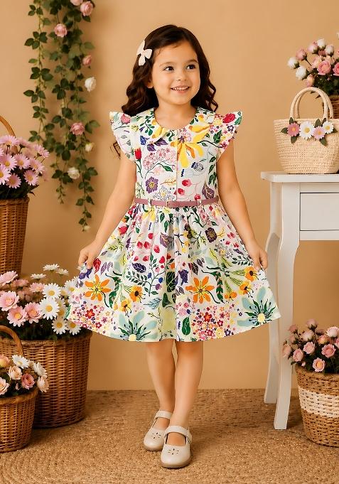 Multicolor Printed Viscose Dress For Girls