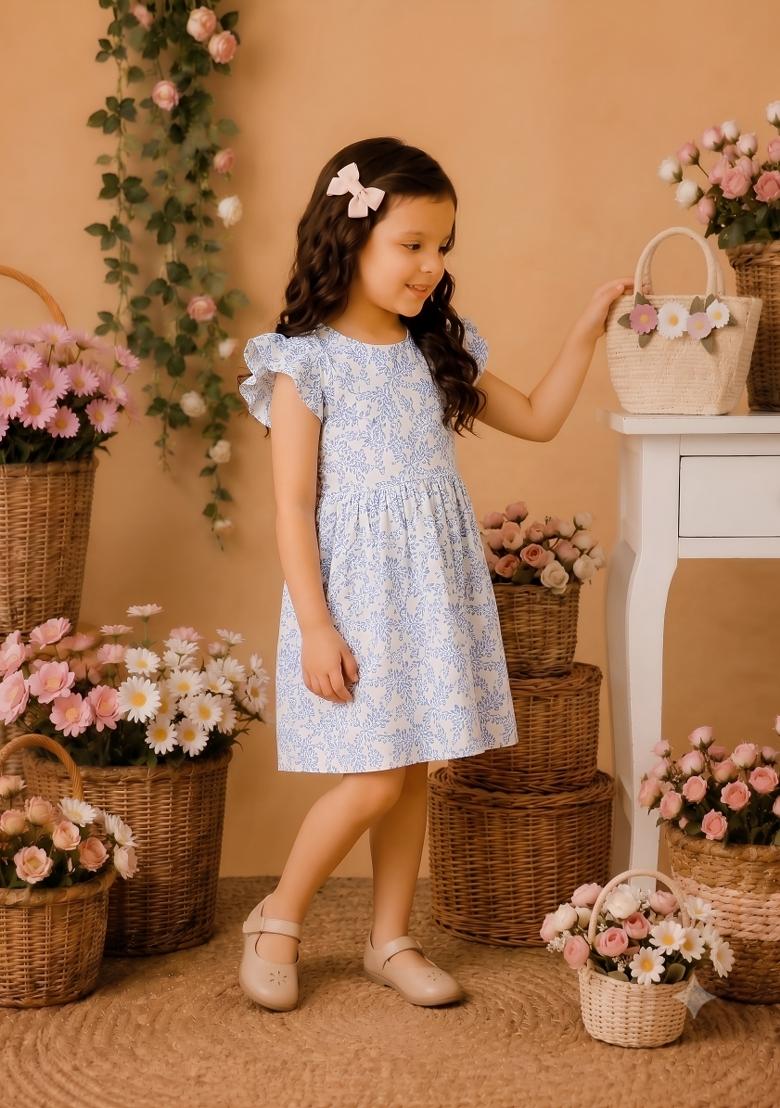 Blue Printed Viscose Dress For Girls - Indya