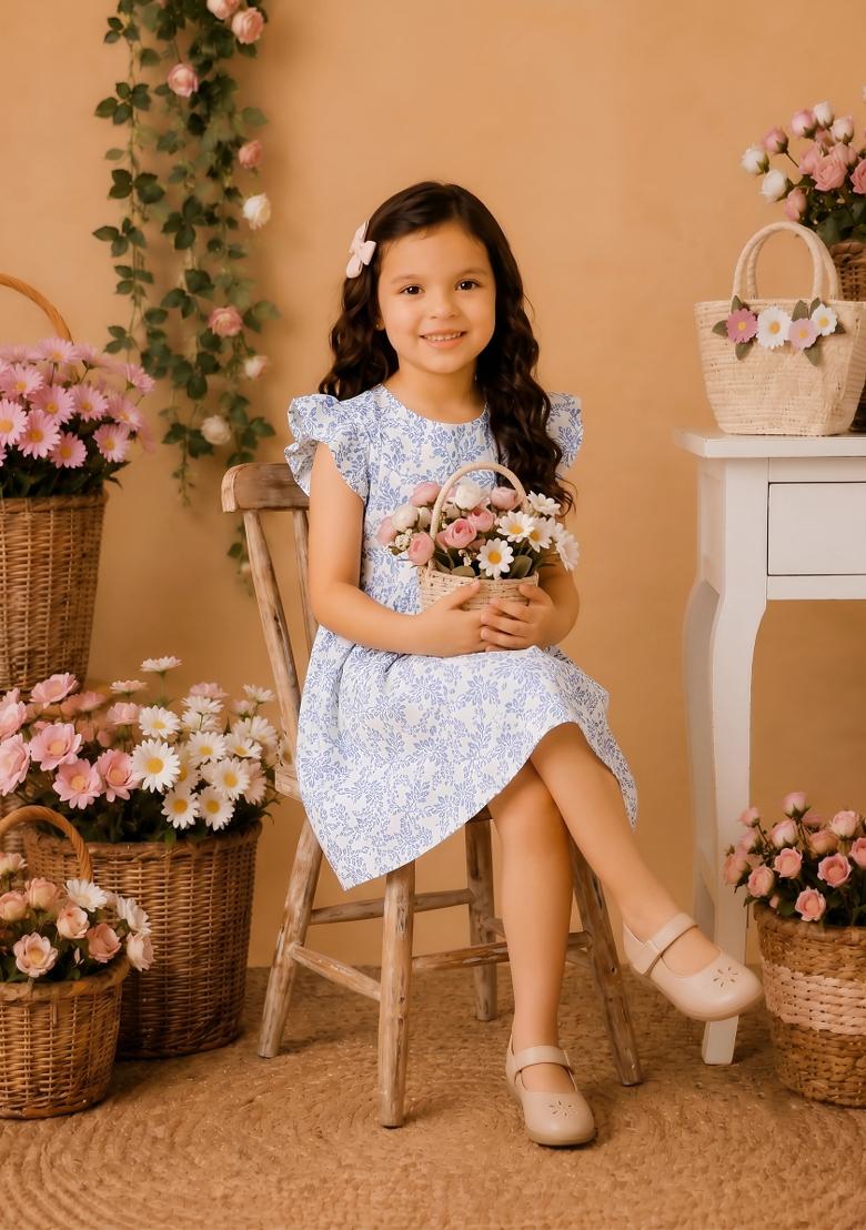 Blue Printed Viscose Dress For Girls - Indya