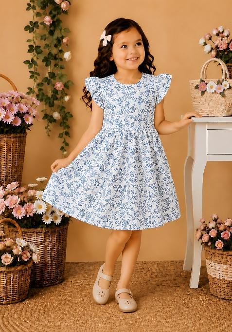 Blue Printed Viscose Dress For Girls