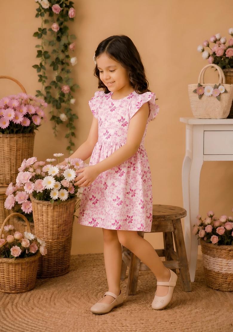Pink Printed Viscose Dress For Girls - Indya