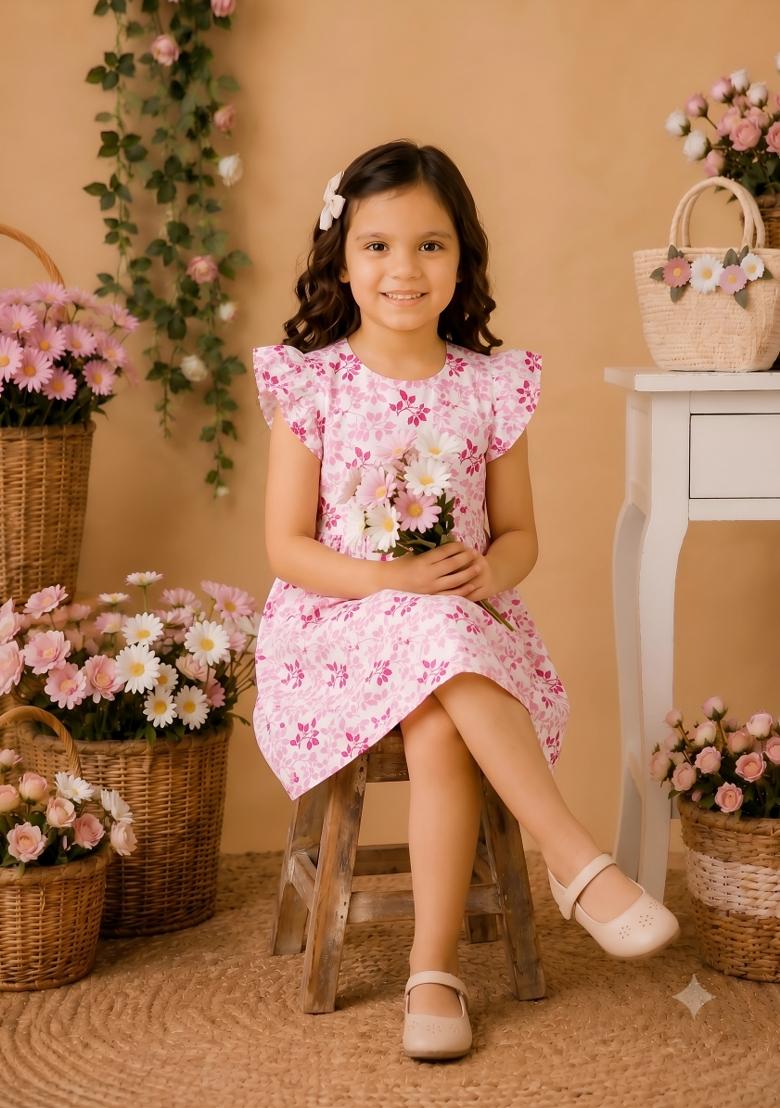 Pink Printed Viscose Dress For Girls - Indya