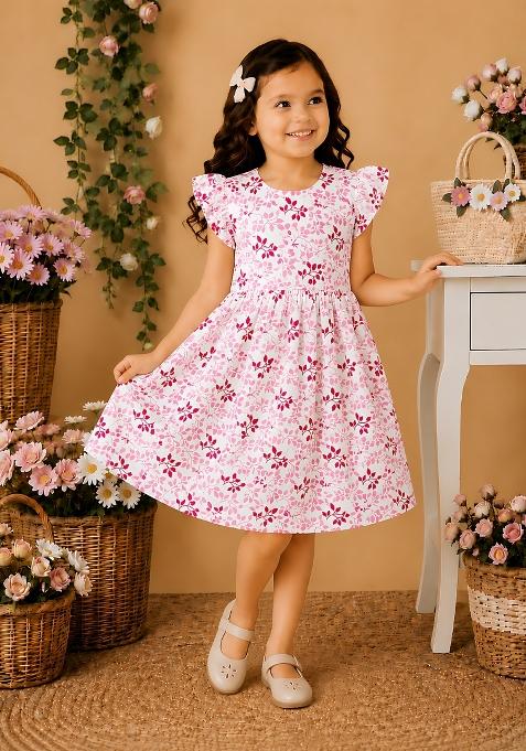 Pink Printed Viscose Dress For Girls