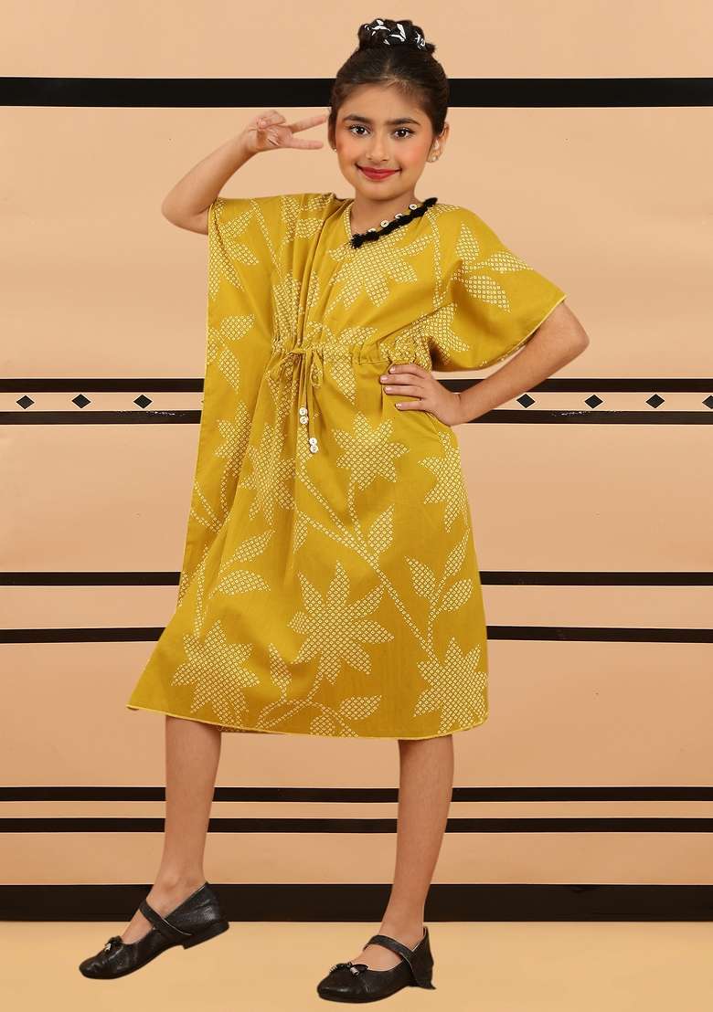 Mustard Printed Cotton Dress For Girls - Indya