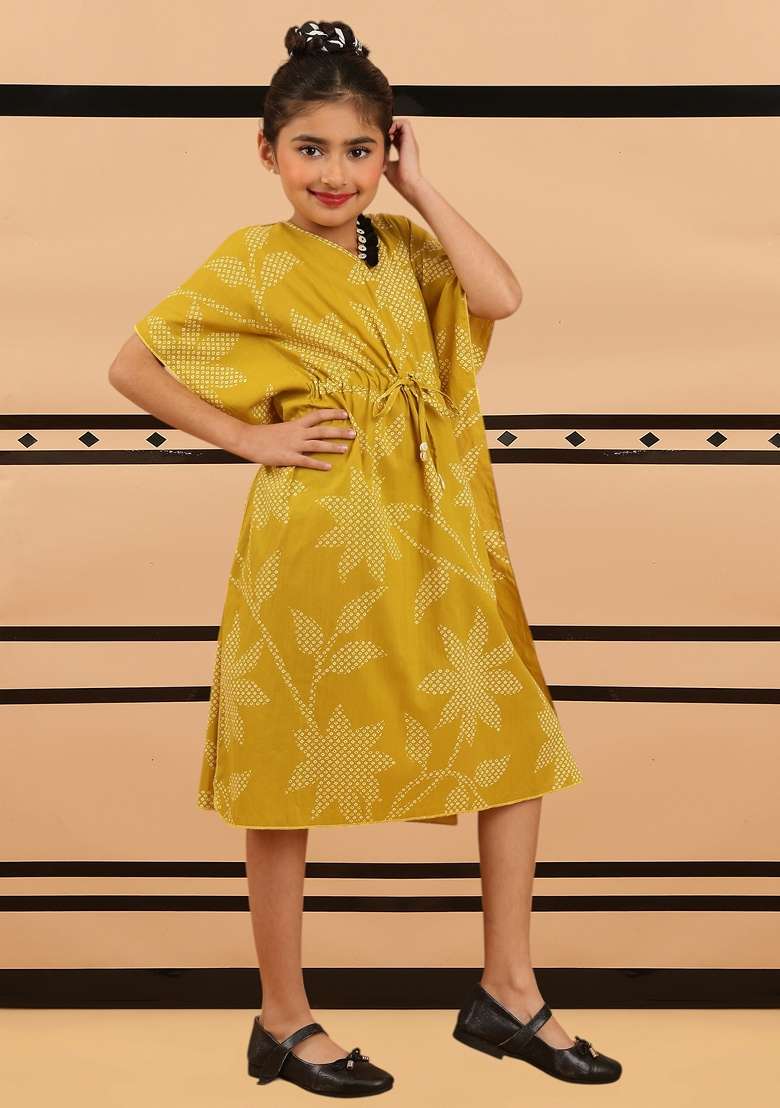 Mustard Printed Cotton Dress For Girls - Indya