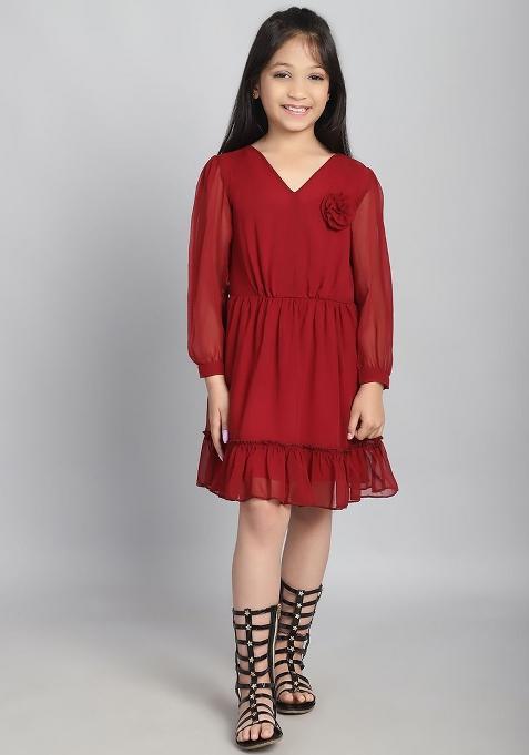 Maroon Solid Polyester Dress For Girls