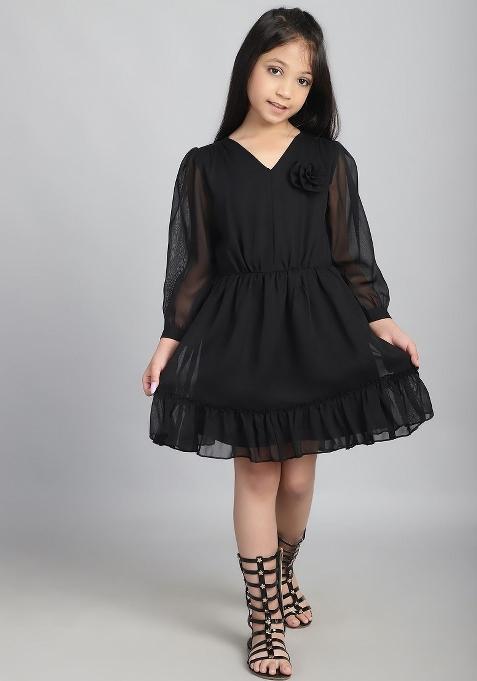 Black Solid Polyester Dress For Girls
