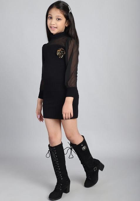 Black Solid Cotton Dress For Girls