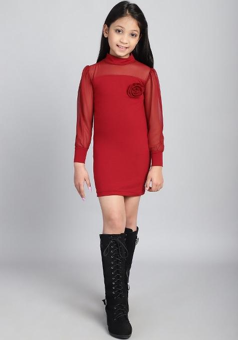 Maroon Solid Cotton Dress For Girls