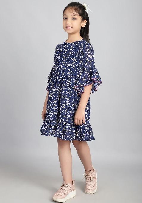 Navy Blue Printed Polyester Dress For Girls