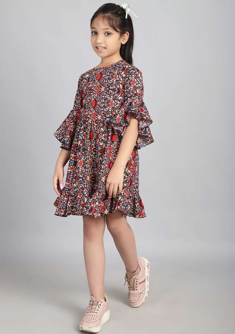 Red Printed Polyester Dress For Girls - Indya