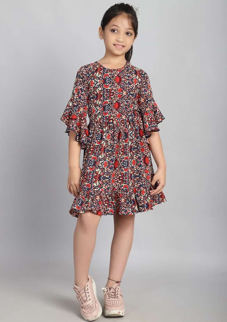 Red Printed Polyester Dress For Girls - Indya