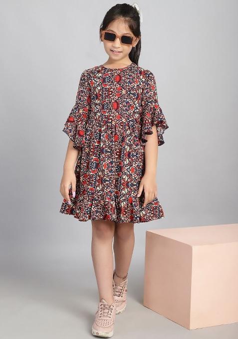 Red Printed Polyester Dress For Girls