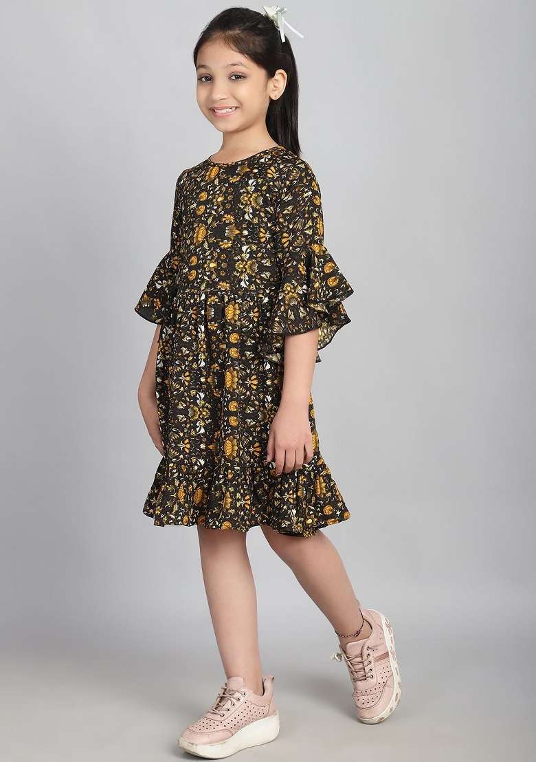 Yellow Printed Polyester Dress For Girls - Indya