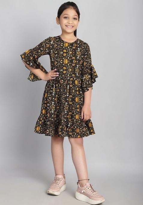 Yellow Printed Polyester Dress For Girls