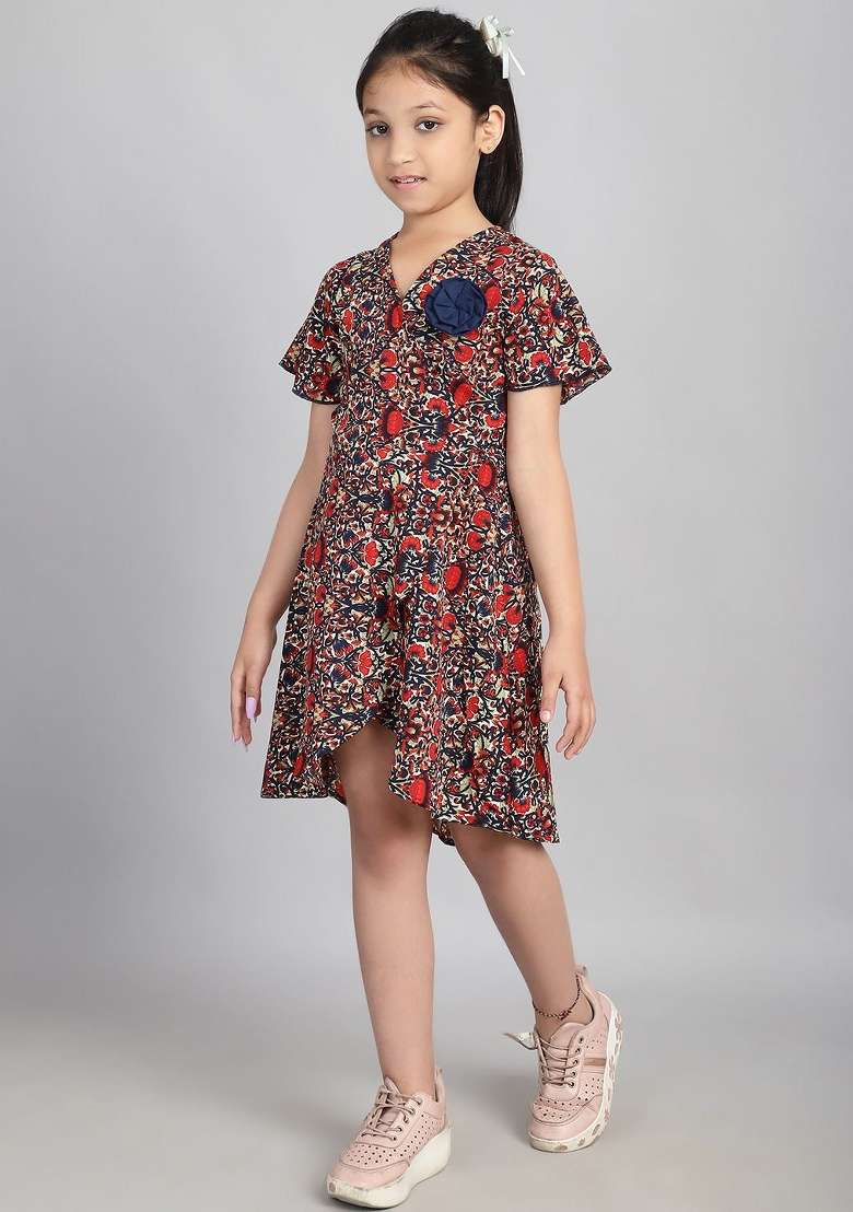 Red Printed Polyester Dress For Girls - Indya