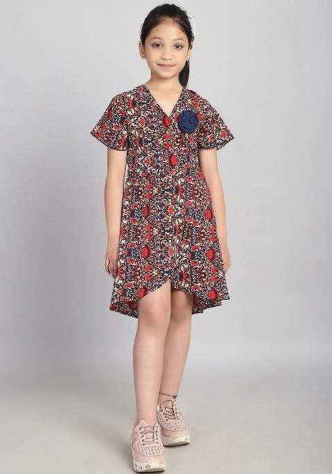 Red Printed Polyester Dress For Girls