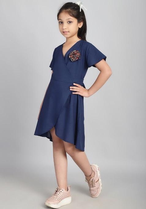 Blue Solid Cotton Dress For Girls
