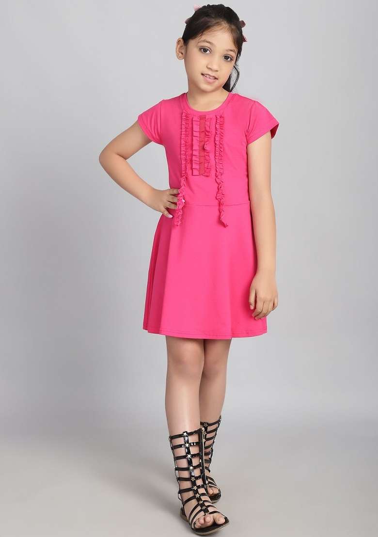 Pink Self Design Cotton Dress For Girls - Indya