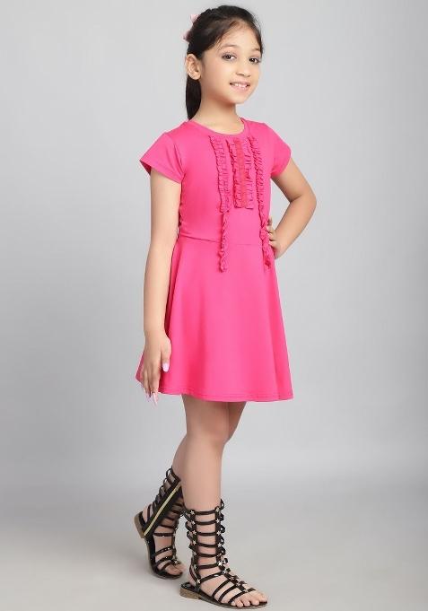 Pink Self Design Cotton Dress For Girls