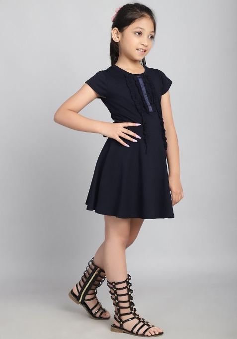 Navy Blue Solid Cotton Dress For Girls