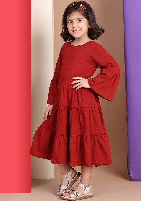 Tan Solid Cotton Dress For Girls