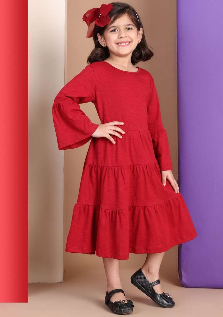 Red Solid Cotton Dress For Girls - Indya